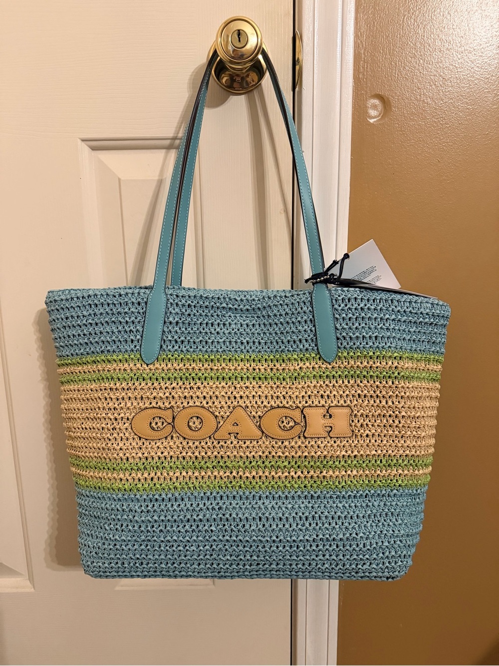 Coach Straw Tote in Aqua, Beige & Lime Stripe